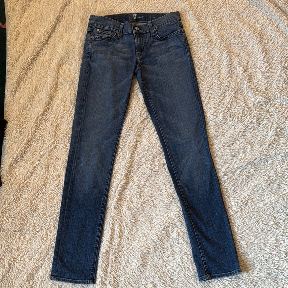 7 FOR ALL MANKIND Roxanne Distressed Low-Rise Skinny Jeans in Blue Size 26